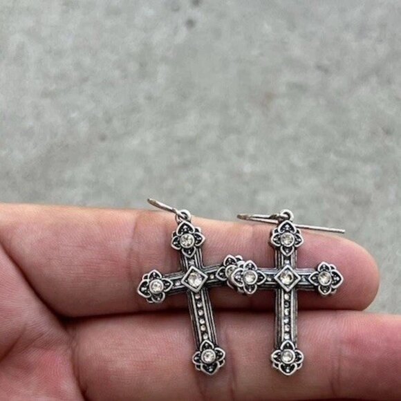 Vintage Cross Silver Tone Hook Religious Cross Dangle White Stone Earrings 1” - Picture 7 of 16